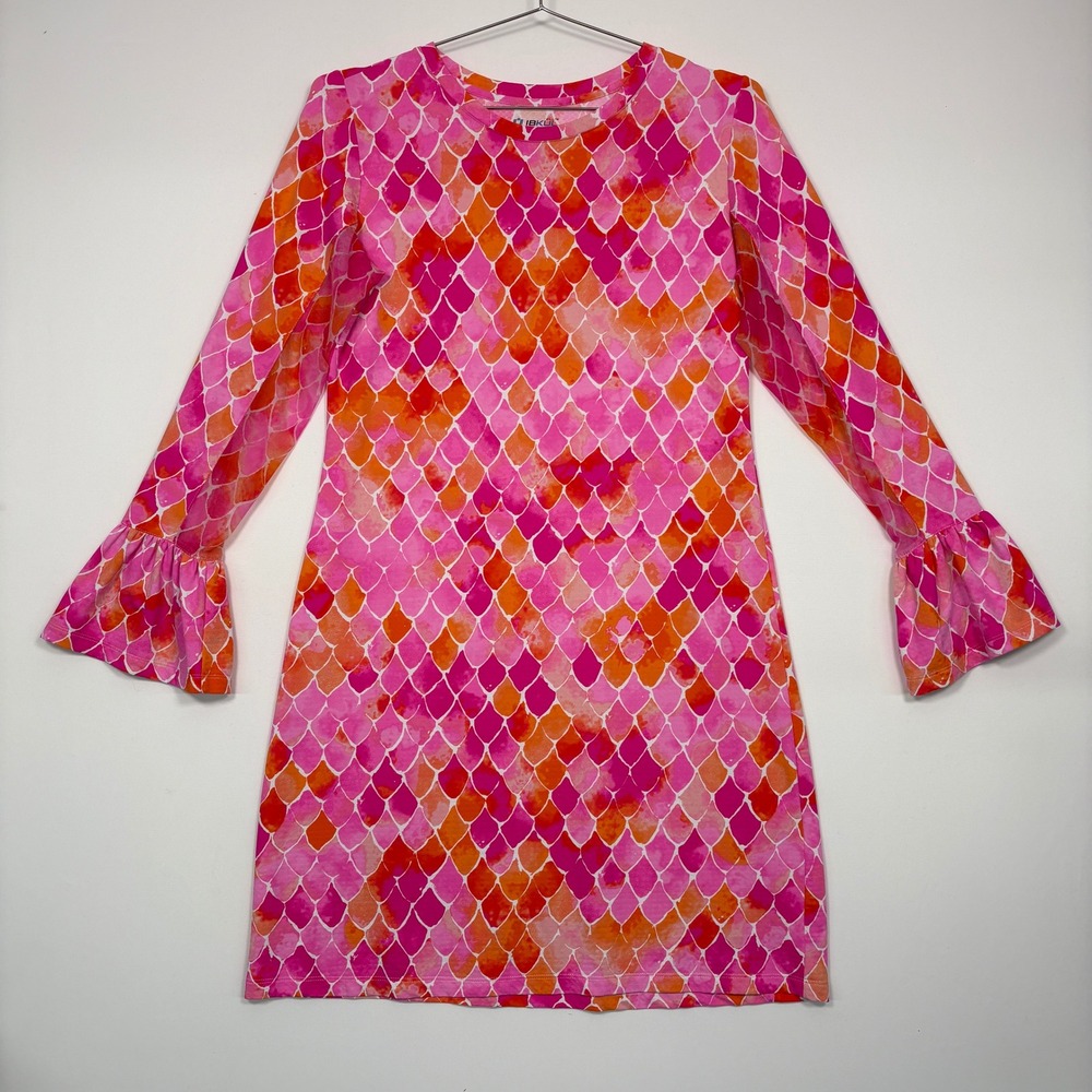 IBKÜL Women Dress M Pink Orange Mermaid Scale Ruffle Bell Sleeve Long Sleeve